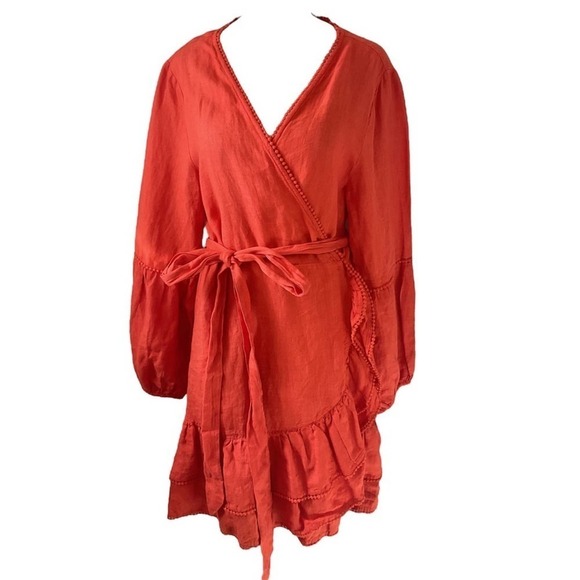 Tessora Paloma Linen Pom Pom Wrap Dress in Orange Size Large - Picture 3 of 9